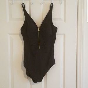 Black One Piece Swim Suit with Front Zipper